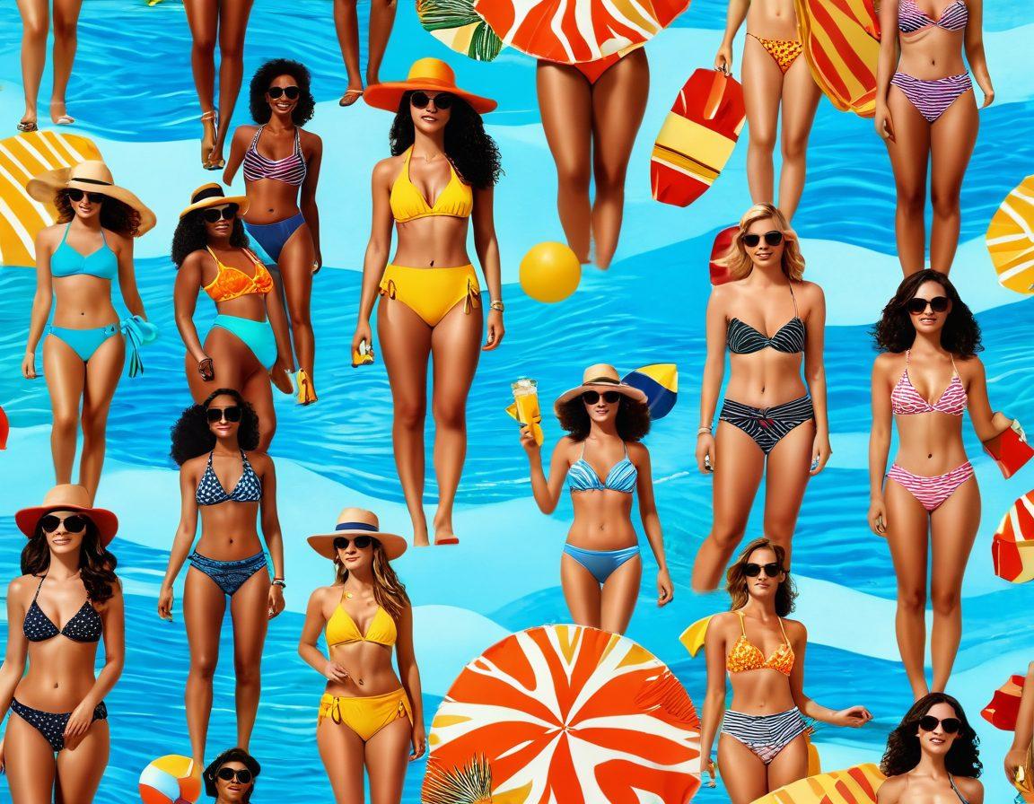 A stylish beach scene featuring diverse individuals in fashionable swimwear, showcasing various trends like vibrant patterns, retro styles, and modern cuts. Include beach accessories like sunglasses, hats, and beach towels. The background should have soft waves and a bright sun, creating a perfect summer vibe. Capture a sense of joy and adventure. bright colors. super-realistic.